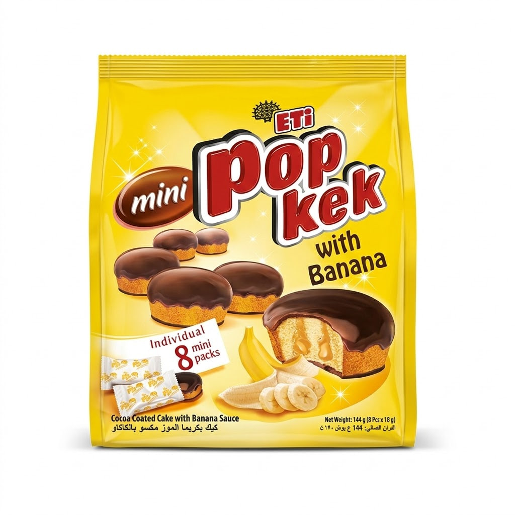 Eti Popkek Mini Cocoa Coated Cake with Banana Sauce 144g (8 Mini Packs)