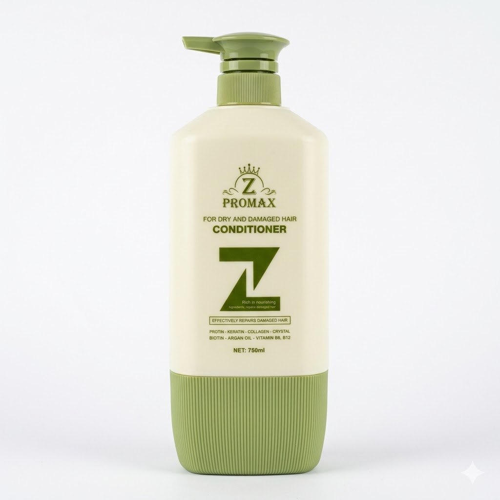 Z Promax Conditioner for dry and damaged hair, effectively repairs with Biotin, Keratin, and Argan Oil, 750ml.