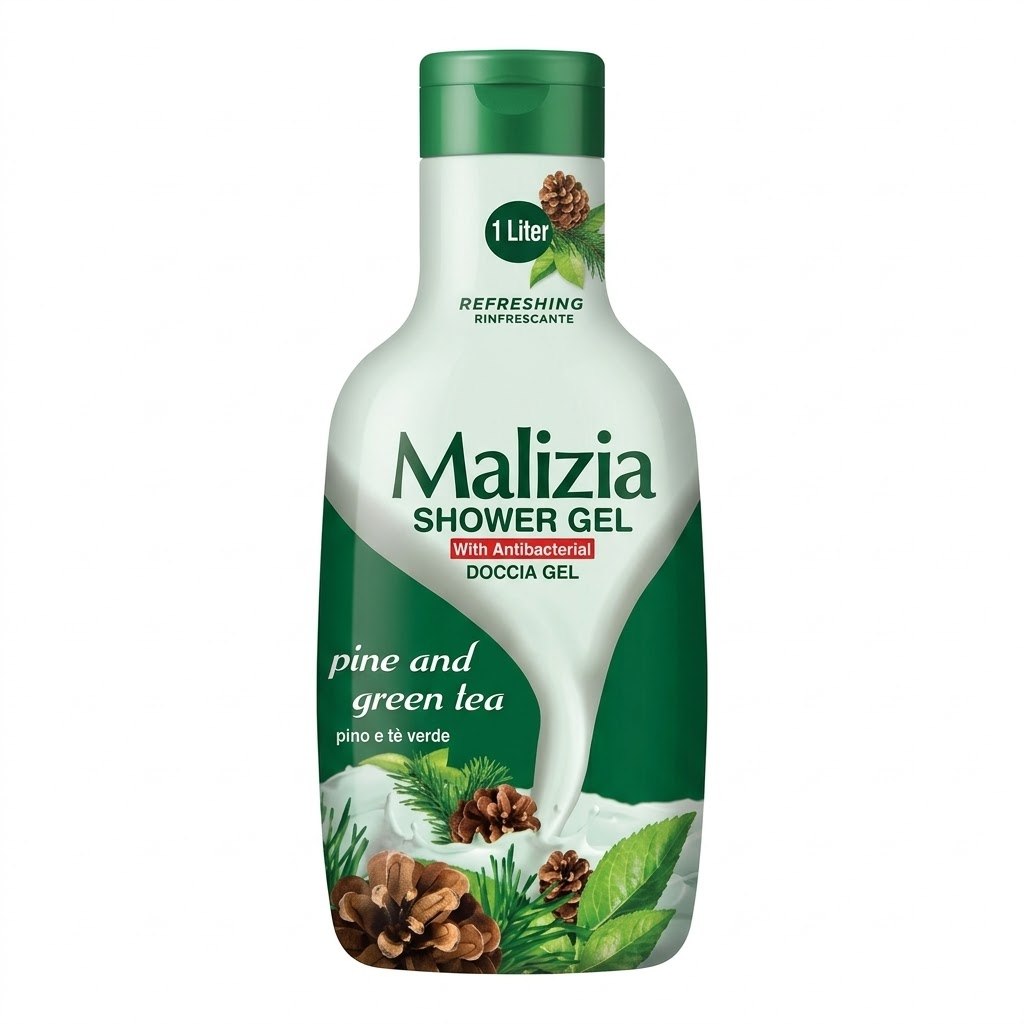 Malizia Refreshing Shower Gel with Pine and Green Tea, Antibacterial, 1 Liter.