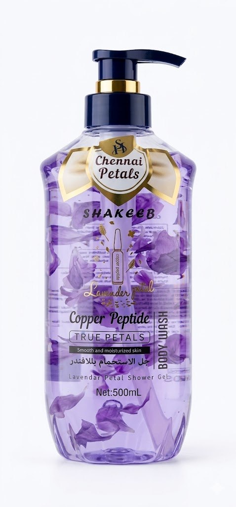 Chennai Petals Lavender Petal Shower Gel with Copper Peptide, for smooth and moisturized skin, 500ml.