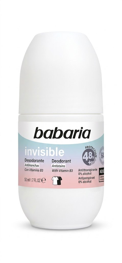 Babaria Invisible Roll-on Deodorant, Anti-stains with Vitamin B3, 0% alcohol, 48h protection, 50ml.