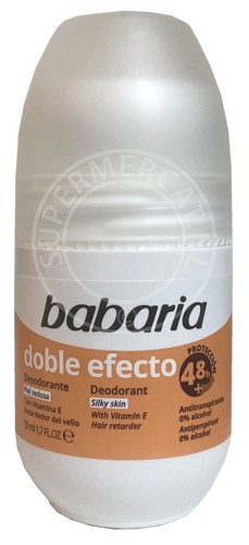 Babaria Double Effect Roll-on Deodorant, Silky Skin with Vitamin E and hair growth inhibitor, 48h protection, 50ml.