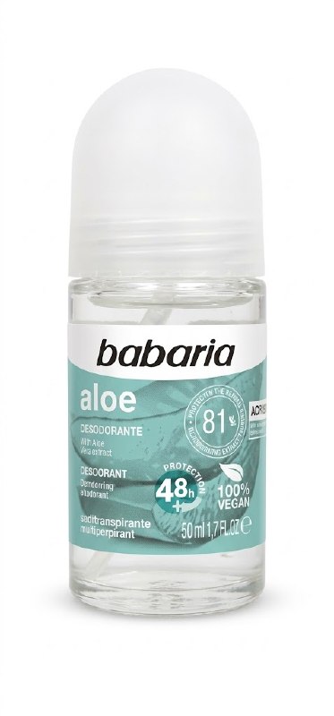 Babaria Aloe Roll-on Deodorant, moisturizing with 48h protection, 0% alcohol, 100% Vegan, 50ml.