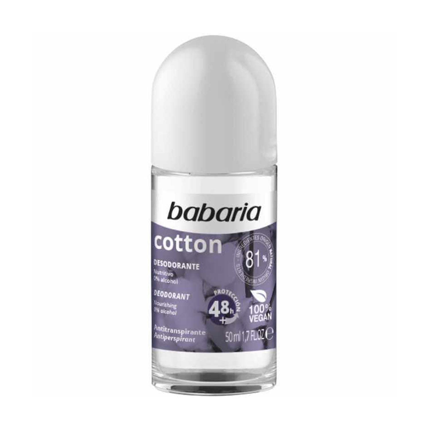 Babaria Cotton Roll-on Deodorant, nourishing with 48h protection, 0% alcohol, 100% Vegan, 50ml.