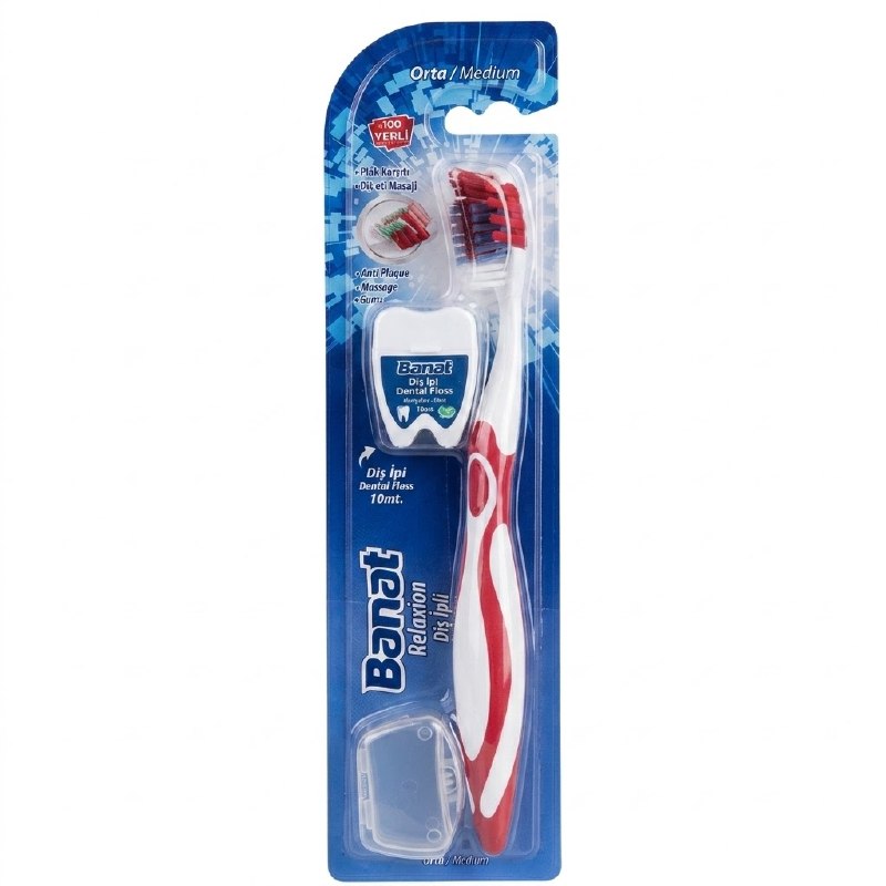 Banat Relaxion medium toothbrush, comes with 10 meters of mint-flavored dental floss.